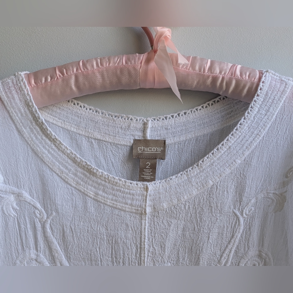 Chico's White100% Cotton Tunic with Embroidery and Scalloped Hem Size 2(L/12) - Picture 4 of 13